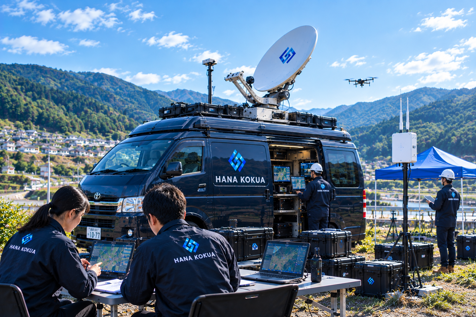 HANA KOKUAの防災DX・通信インフラ支援をイメージした特殊車両・衛星通信・防災DXの現場